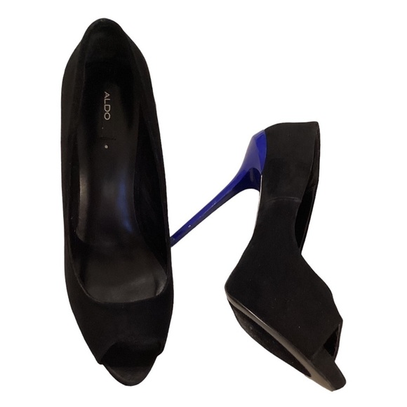 Aldo Tarolli Women’s Black Suede Blue Heel Open Toe High‎ Heel Shoes s 9M - Picture 3 of 8